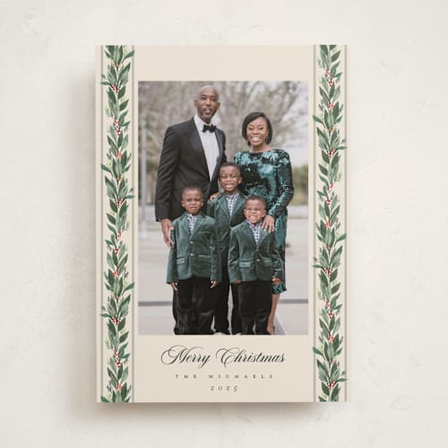 This is a eggnog photo christmas cards with standard by Rebecca Durflinger called evergreen garlands printing on recycled smooth signature in standard