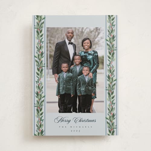 This is a winter sky photo christmas cards with standard by Rebecca Durflinger called evergreen garlands printing on recycled smooth signature in standard