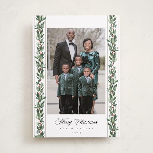 This is a snow photo christmas cards with standard by Rebecca Durflinger called evergreen garlands printing on recycled smooth signature in standard