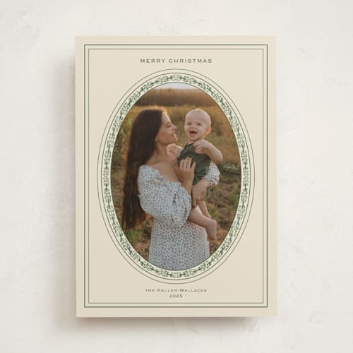This is a champagne photo christmas cards with standard by Claire called classic oval frame printing on recycled smooth signature in standard