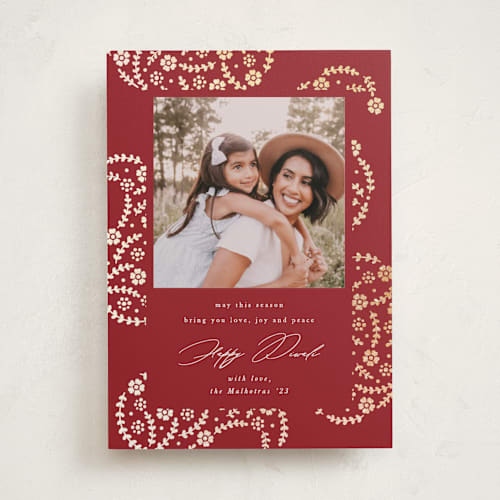 This is a candied apple diwali cards with foil pressed by Mansi Verma called gilded paisley printing on recycled smooth signature in standard