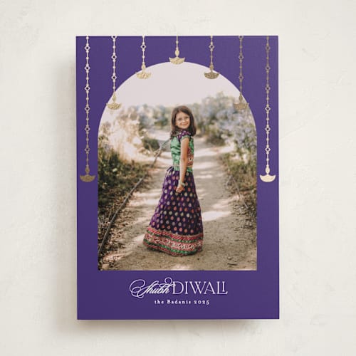 This is a aubergine diwali cards with foil pressed by Creo Study called diwali toran printing on recycled smooth signature in standard