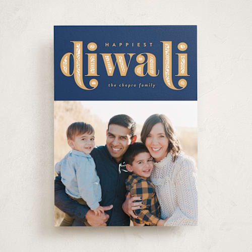 This is a navy diwali cards with standard by Robert and Stella called diwali inlay printing on recycled smooth signature in standard