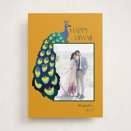 This is a turmeric diwali cards with standard by Morgan Kendall called peacock printing on recycled smooth signature in standard