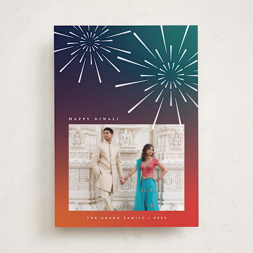 This is a sunset diwali cards with standard by Heather Schertzer called fireworks printing on recycled smooth signature in standard