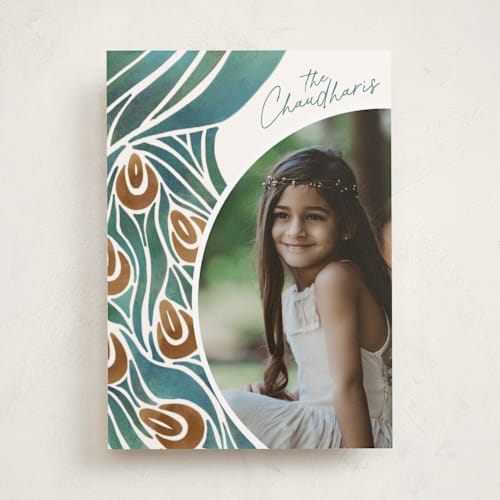 This is a peacock diwali cards with standard by Ghia Designs called beauty printing on recycled smooth signature in standard