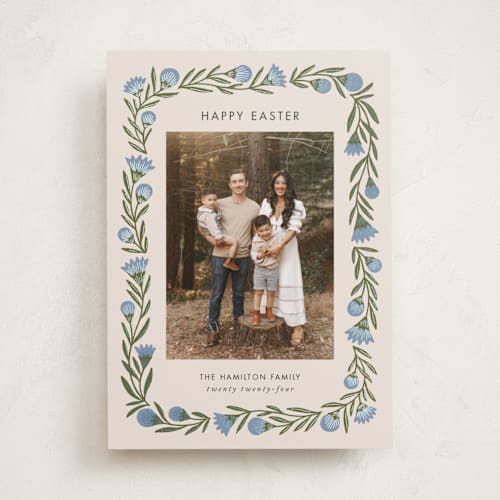 This is a blue spruce easter photo cards with foil pressed by Jen Owens called flower wrap printing on recycled smooth signature in standard