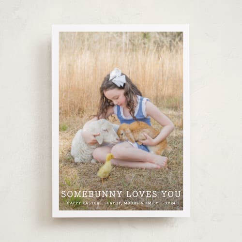 This is a pure white easter photo cards with standard by Megan Davis called somebunny loves you printing on recycled smooth signature in standard