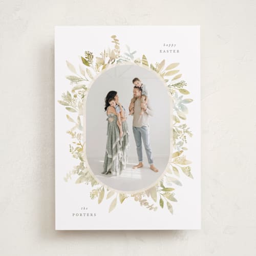 This is a chartreuse easter photo cards with standard by Hooray Creative called spring wreath printing on recycled smooth signature in standard