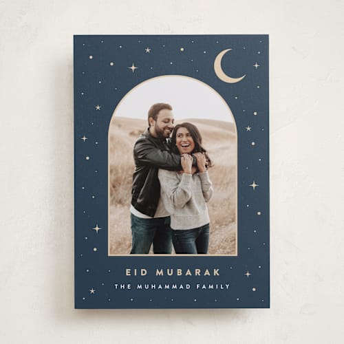 This is a navy eid cards with standard by Maria Alou called crescent moon printing on recycled smooth signature in standard