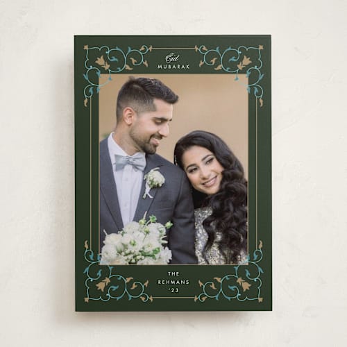 This is a moss eid cards with standard by Sejal Banker called arabic corners printing on recycled smooth signature in standard