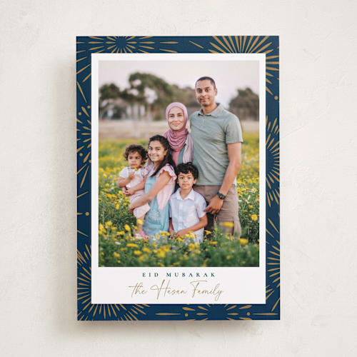 This is a navy eid cards with standard by Robert and Stella called bright bursts printing on recycled smooth signature in standard