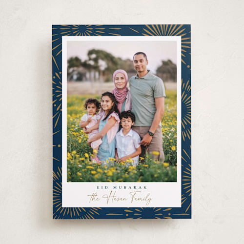 This is a navy eid cards with standard by Robert and Stella called bright bursts printing on recycled smooth signature in standard