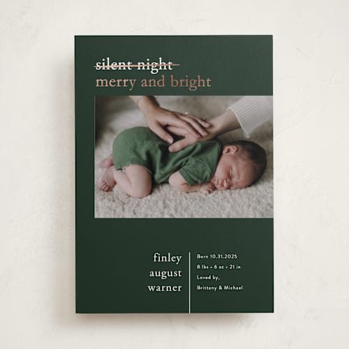 This is a fir babys first christmas with foil pressed by Pink House Press called merry nights printing on recycled smooth signature in standard
