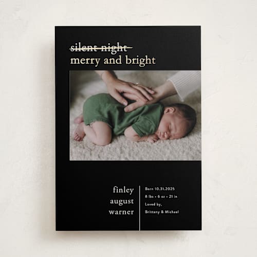 This is a midnight babys first christmas with foil pressed by Pink House Press called merry nights printing on recycled smooth signature in standard