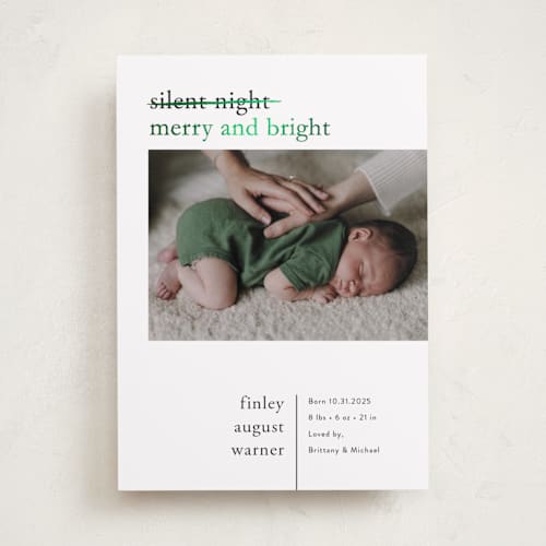 This is a snow babys first christmas with foil pressed by Pink House Press called merry nights printing on recycled smooth signature in standard