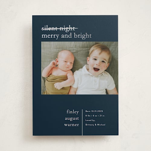 This is a moonlight babys first christmas with foil pressed by Pink House Press called merry nights printing on recycled smooth signature in standard