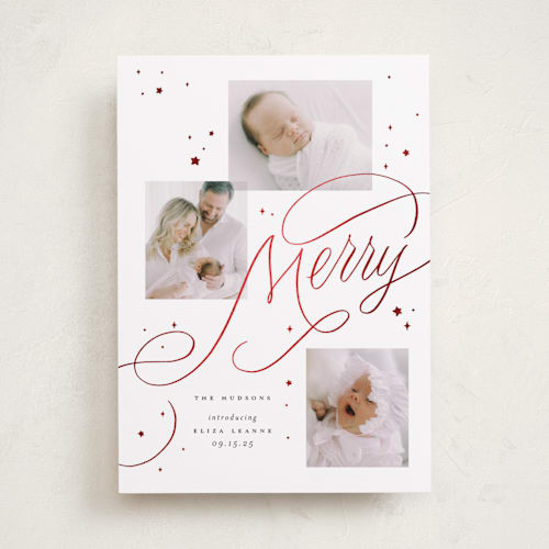 This is a snowfall babys first christmas with foil pressed by Erin L. Wilson called newborn starlight printing on recycled smooth signature in standard