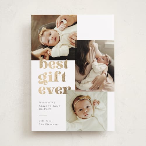 This is a pewter babys first christmas with foil pressed by Sarah Brown called best gift printing on recycled smooth signature in standard