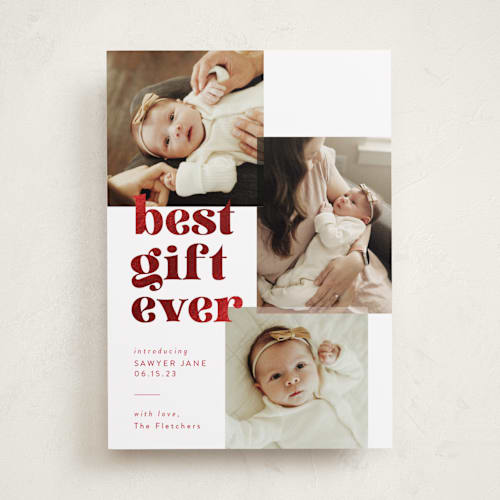 This is a cranberry babys first christmas with foil pressed by Sarah Brown called best gift printing on recycled smooth signature in standard