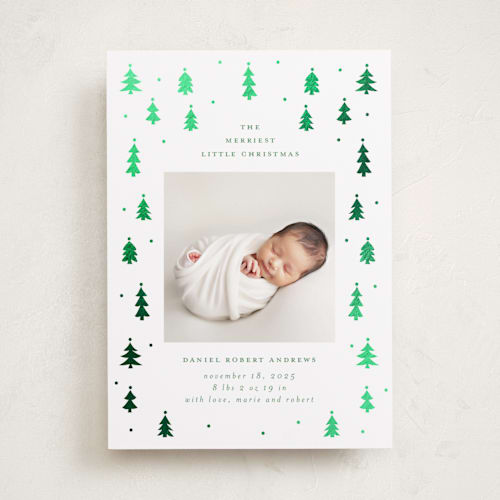 This is a icicle babys first christmas with foil pressed by Jennifer Holbrook called merry little trees printing on recycled smooth signature in standard