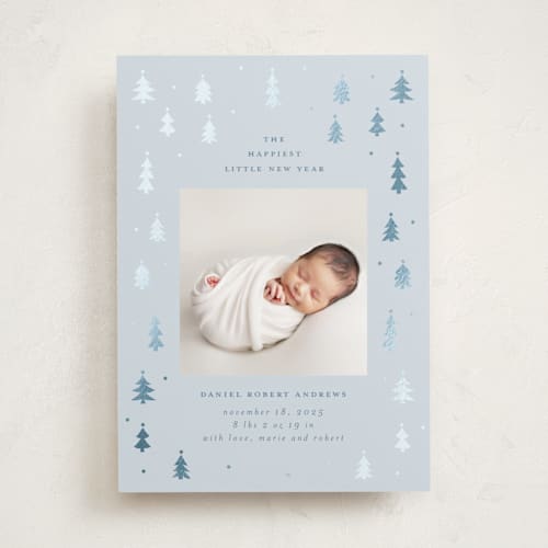 This is a winter sky babys first christmas with foil pressed by Jennifer Holbrook called merry little trees printing on recycled smooth signature in standard