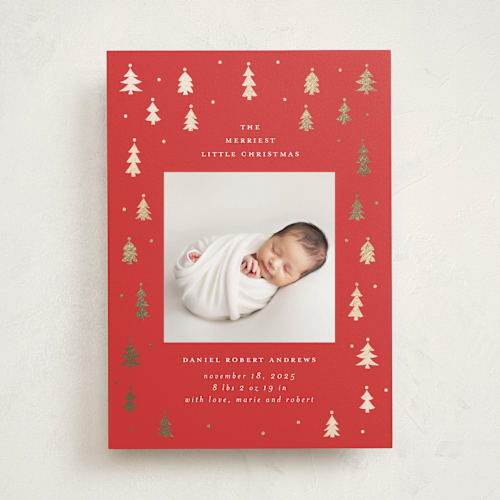 This is a cranberry babys first christmas with foil pressed by Jennifer Holbrook called merry little trees printing on recycled smooth signature in standard