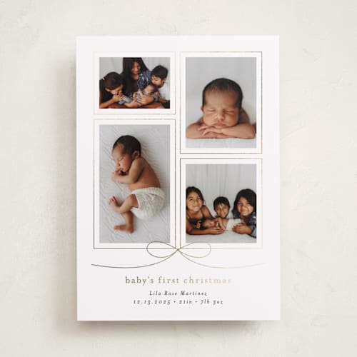 This is a ink babys first christmas with foil pressed by Blustery August called with a bow printing on recycled smooth signature in standard