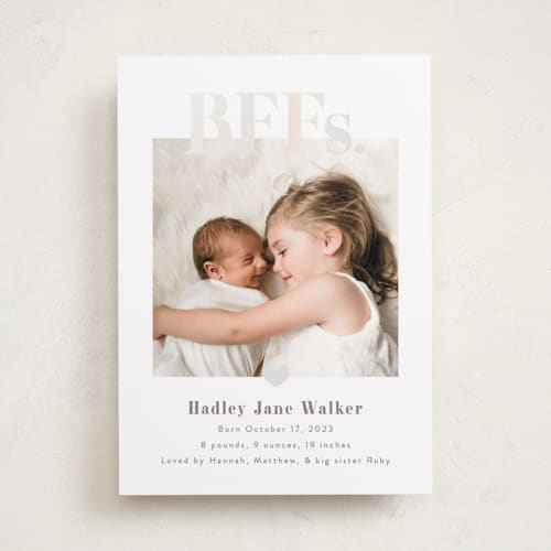 This is a mauve birth announcements with gloss press by Pink House Press called bffs printing on smooth signature in standard