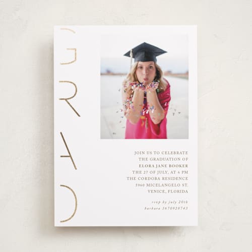 This is a latte graduation invitations with foil pressed by Deynaaz Daraei called pansy printing on recycled smooth signature in standard