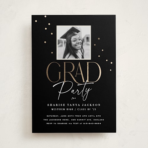 This is a onyx graduation invitations with foil pressed by Hooray Creative called classic grad party printing on recycled smooth signature in standard