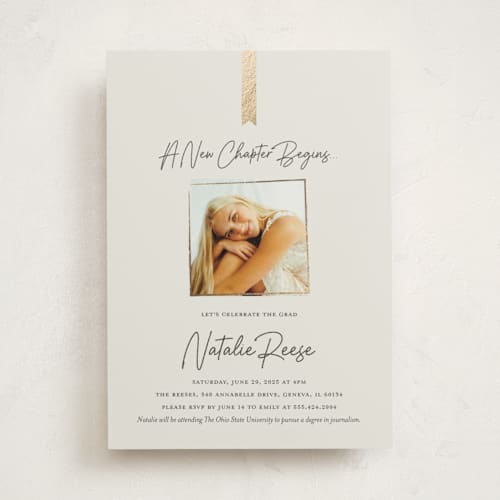 This is a stone graduation invitations with foil pressed by Rachelle Clarke called a new chapter printing on recycled smooth signature in standard