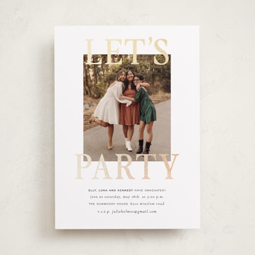 This is a cloud graduation invitations with foil pressed by Sara Hicks Malone called let's party grad printing on recycled smooth signature in standard