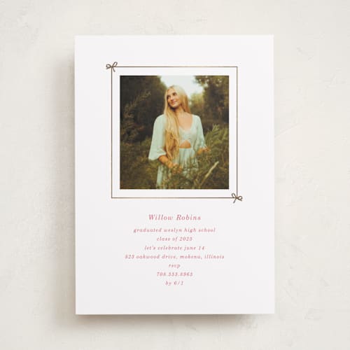 This is a peony graduation invitations with foil pressed by Baumbirdy called photobook printing on recycled smooth signature in standard