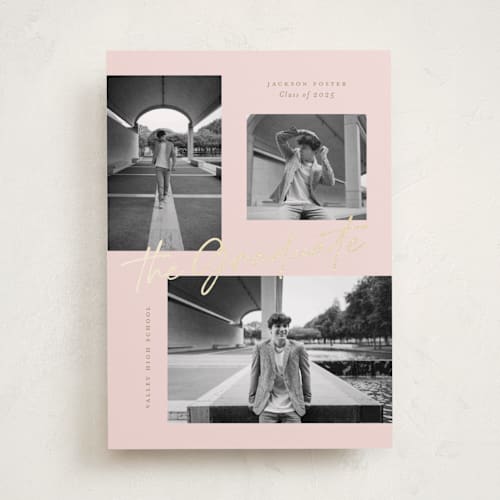 This is a blush graduation announcements with foil pressed by Michelle Taylor called complete printing on recycled smooth signature in standard
