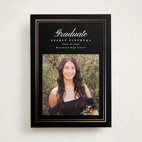 This is a ink graduation announcements with foil pressed by Melanie Kosuge called exemplar printing on recycled smooth signature in standard
