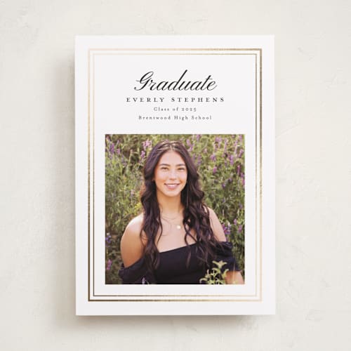 This is a pearl graduation announcements with foil pressed by Melanie Kosuge called exemplar printing on recycled smooth signature in standard