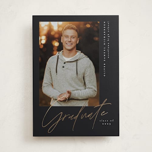 This is a licorice graduation announcements with foil pressed by Jessica Williams called brilliance printing on recycled smooth signature in standard