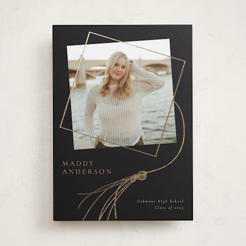 This is a chalkboard graduation announcements with foil pressed by Beth Murphy called tassel dance printing on recycled smooth signature in standard