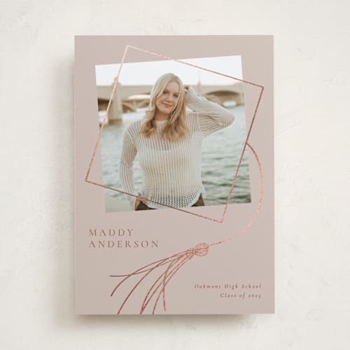 This is a blush graduation announcements with foil pressed by Beth Murphy called tassel dance printing on recycled smooth signature in standard
