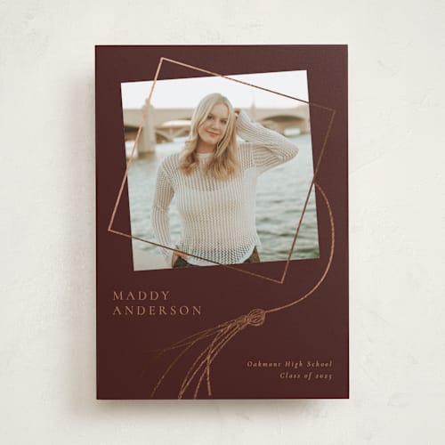 This is a maroon graduation announcements with foil pressed by Beth Murphy called tassel dance printing on recycled smooth signature in standard