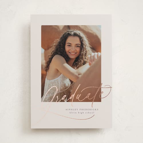 This is a latte graduation announcements with foil pressed by Jackie Crawford called simply side scripted printing on recycled smooth signature in standard