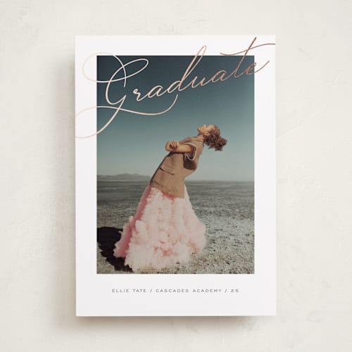 This is a cotton graduation announcements with foil pressed by Susan Zinader called timeless script printing on recycled smooth signature in standard