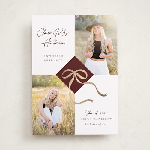 This is a burgundy graduation announcements with foil pressed by Paper Raven Co. called sweet grad cap printing on recycled smooth signature in standard