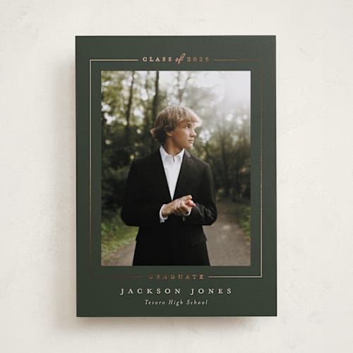 This is a forest graduation announcements with foil pressed by Joanna Griffin called straight arrow printing on recycled smooth signature in standard