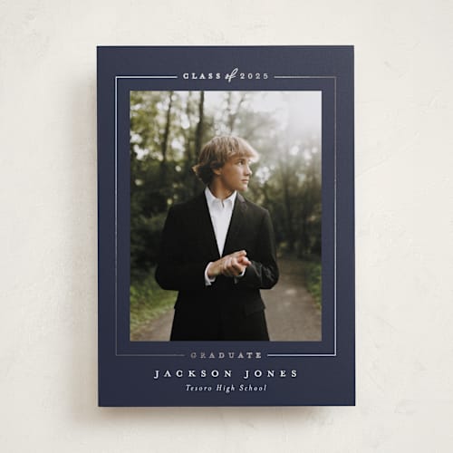 This is a slate graduation announcements with foil pressed by Joanna Griffin called straight arrow printing on recycled smooth signature in standard