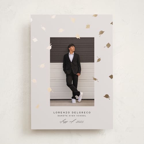 This is a parchment graduation announcements with foil pressed by Jamie Alexander called hats off grad printing on recycled smooth signature in standard