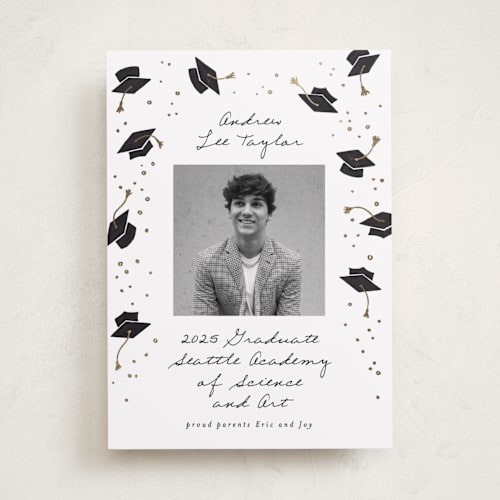 This is a cloud graduation announcements with foil pressed by Alethea and Ruth called hat fling printing on recycled smooth signature in standard