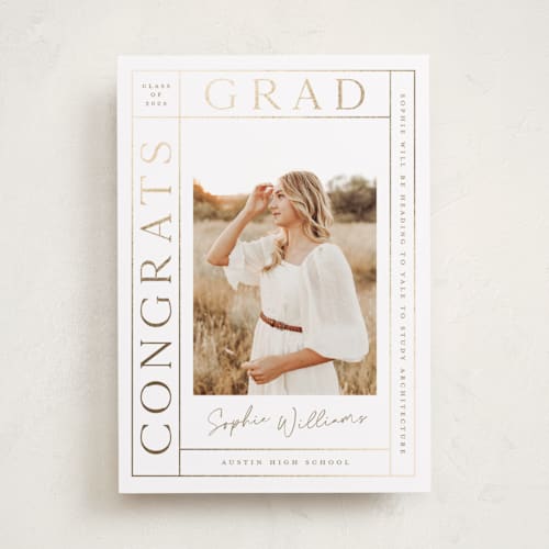 This is a snow graduation announcements with foil pressed by Sarah Curry called grad grid printing on recycled smooth signature in standard