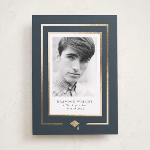 This is a graphite graduation announcements with foil pressed by Anna Elder called borders printing on recycled smooth signature in standard